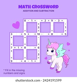 Rompecabezas entre matemáticas para los niños. Adición y sustracción. Contando hasta 10. Juego para niños. Ilustración vectorial. Crucigrama colorido con viñeta de unicornio. Tarea, material educativo para niños.