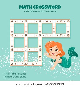 Math Crossword puzzle for kids. Addition and subtraction. Counting up to 20. Game for children. Vector illustration. Colorful crossword with cartoon mermaid. Task, education material for kids.