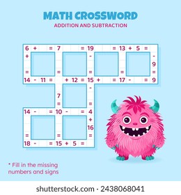 Math Crossword puzzle for kids. Addition and subtraction. Counting up to 20. Game for children. Vector illustration. Colorful crossword with cartoon monster. Task, education material for kids.