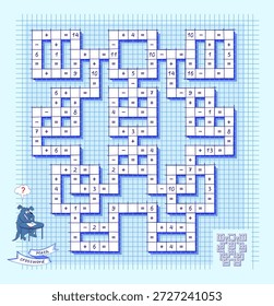 Palavras cruzadas matemáticas para o mais inteligente. Resolva exemplos e escreva os números e símbolos corretamente. Lógica matemática jogo de quebra-cabeça sobre adição e subtração. Livro de provocação cerebral. Ilustração de vetor desenhada à mão