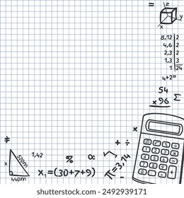 Math Design Layout - Calculator, Mathematical Accounts and Symbols on Squared Paper Sheet Background. Empty Space. Square Shape.