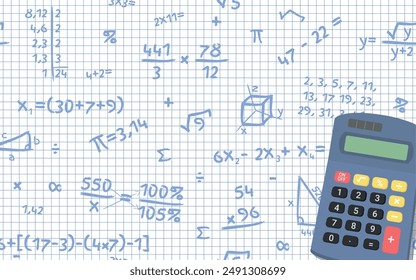 Mathematisches Design Layout - Taschenrechner auf quadratischem Papierbogen mit mathematischen Accounts und Symbolen mit blauem Stift-Hintergrund geschrieben. Rechteckform.