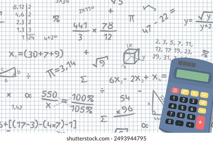 Math Design Layout - Calculator on Squared Paper Sheet with Mathematical Accounts and Symbols Background. Rectangle Shape.