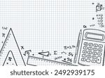 Math Design Layout - Calculator, Pencil, Rulers, Mathematical Accounts and Symbols on Squared Paper Sheet Background. Empty Space. Rectangle Shape.