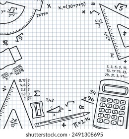 Math Design Layout - Calculator, Pencil, Rulers, Eraser, Sharpener, Mathematical Accounts and Symbols on Squared Paper Sheet Background. Empty Space. Square Shape.