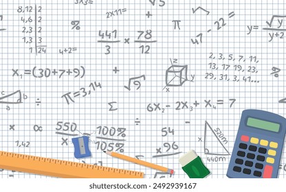 Math Design Layout - Calculator, Pencil, Sharpener, Eraser and Ruler on Squared Paper Sheet with Mathematical Accounts and Symbols Background. Rectangle Shape.