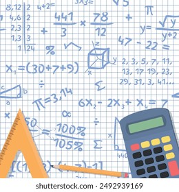 Math Design Layout - Calculator, Pencil, Sharpener, Eraser and Ruler on Squared Paper Sheet with Mathematical Accounts and Symbols Background. Square Shape.