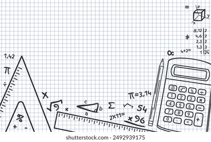 Math Design Layout - Calculator, Pencil, Rulers, Mathematical Accounts and Symbols on Squared Paper Sheet Background. Empty Space. Rectangle Shape.