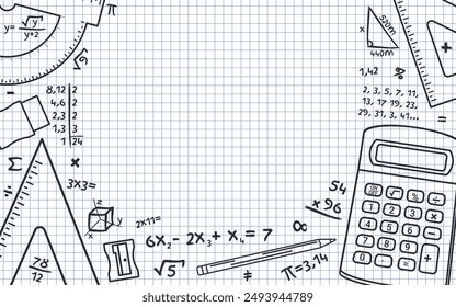 Diseño de Matemáticas - Calculadora, Lápiz, Reglas, Borrador, Afilador, Cuentas matemáticas y Símbolos en el fondo de la hoja de papel cuadrado. Espacio vacío. Forma Rectángulo.