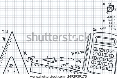 Math Design Layout - Calculator, Pencil, Rulers, Mathematical Accounts and Symbols on Squared Paper Sheet Background. Empty Space. Rectangle Shape.
