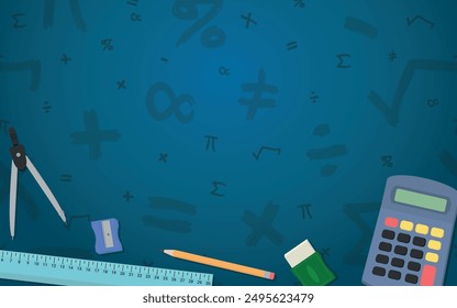 Math Design - Layout with Colorful Mathematics Logo, Calcutator, Ruler, Pencil, Eraser and Sharpener on Blue Background with Mathematical Symbols. Rectangle Shape.