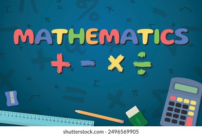 Math Design - Layout with Colorful Mathematics Logo, Calcutator, Ruler, Pencil, Eraser and Sharpener on Blue Background with Mathematical Symbols. Rectangle Shape.