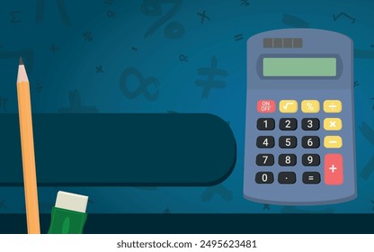 Math Design Layout - Mathematics Layout with Calcutator, Pencil and Eraser on Blue Background with Mathematical Symbols. Rectangle Shape.