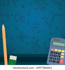 Math Design Layout - Mathematics Layout with Calcutator, Pencil and Eraser on Blue Background with Mathematical Symbols. Square Shape.