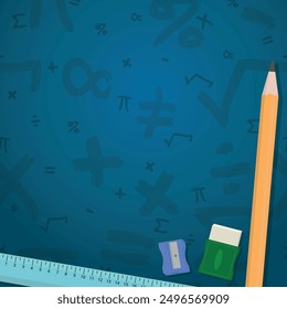 Math Design Layout - Mathematics Layout with Ruler, Pencil, Eraser and Sharpener on Blue Background with Mathematical Symbols. Square Shape.