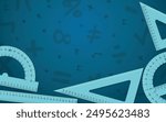 Math Design Layout - Mathematics Layout with Types of Rulers on Blue Background with Mathematical Symbols - 30 Centimeters, Triangles, Protractor. Rectangle Shape.