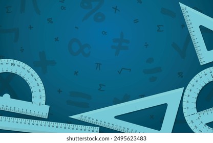 Math Design Layout - Mathematics Layout with Types of Rulers on Blue Background with Mathematical Symbols - 30 Centimeters, Triangles, Protractor. Rectangle Shape.