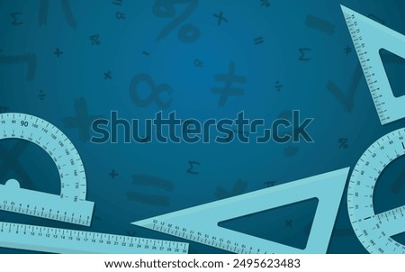 Math Design Layout - Mathematics Layout with Types of Rulers on Blue Background with Mathematical Symbols - 30 Centimeters, Triangles, Protractor. Rectangle Shape.