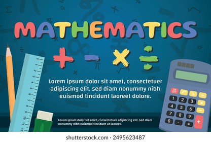 Math Design Template - Layout with Colorful Mathematics Logo, Calcutator, Ruler, Pencil and Eraser on Blue Background with Mathematical Symbols. Rectangle Shape.