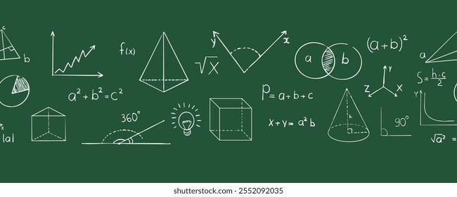 Math doodle hand drawn border, with formula, geometric shapes, chalk texture. School science lesson. Study seamless illustration.