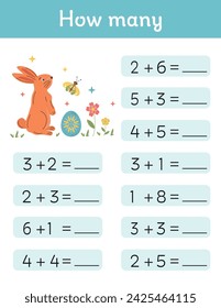 Mathematik Osterpädagogik Wie viele Aktivitäten für Kinder. Lernzugabe, Subtraktion. Druckbare Arbeitsblattaktivitäten für die Vorschule, zählen und schreiben Sie das Ergebnis. Arbeitsblätter der ersten Klasse. Ressourcen für Lehrer.