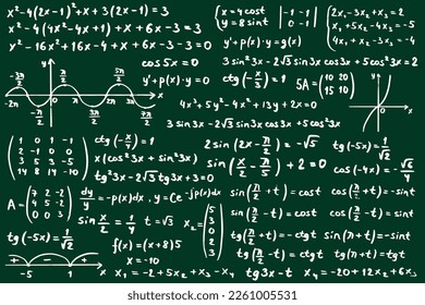 Math education blackboard. Calculate mathematical formula. Physics studying. Complex lab board at science school. Trigonometry function calculation. Vector pattern nowaday background