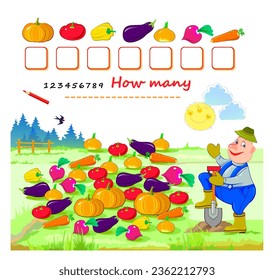 Math education for children. Can you help the farmer count how many vegetables he has harvested from his garden? Write the numbers. Kids activity sheet. Educational game. Vector illustration.