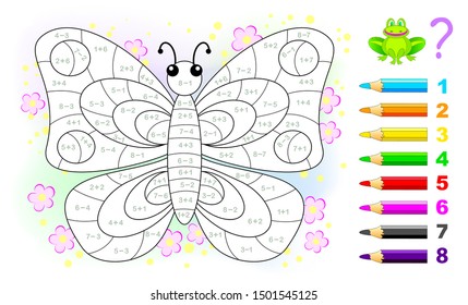 Math education for children. Coloring book. Mathematical exercises on addition and subtraction. Solve examples and paint butterfly. Developing counting skills. Printable worksheet for kids textbook.