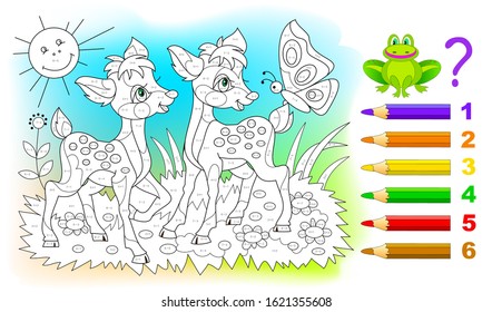 Math education for children. Coloring book. Mathematical exercises on addition and subtraction. Solve examples and paint the deer. Developing counting skills. Printable worksheet for kids textbook.