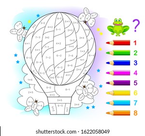 Math education for children. Coloring book. Mathematical exercises on addition and subtraction. Solve examples and paint air balloon. Developing counting skills. Printable worksheet for kids textbook.