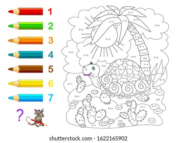 Math education for children. Coloring book. Mathematical exercises on addition and subtraction. Solve examples and paint the turtle. Developing counting skills. Printable worksheet for kids textbook.