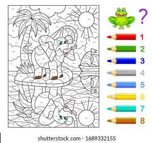 Math education for children. Coloring book. Mathematical exercises on addition and subtraction. Solve examples and paint elephant. Developing counting skills. Printable worksheet for kids textbook.