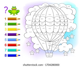 Math education for children. Coloring book. Mathematical exercises on addition and subtraction. Solve examples and paint air balloon. Developing counting skills. Printable worksheet for kids.