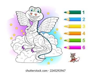 Math education for children. Coloring book. Mathematical exercises on addition and subtraction. Solve examples and paint dragon. Developing counting skills. Printable worksheet for kids textbook.