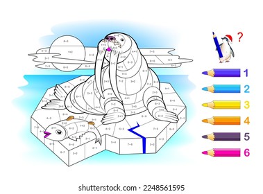 Educación matemática para los niños. Libro de colorear. Ejercicios matemáticos sobre adición y sustracción. Resolver ejemplos y pintar moras. Desarrollando habilidades de conteo. Hoja de cálculo imprimible para libros de texto para niños.