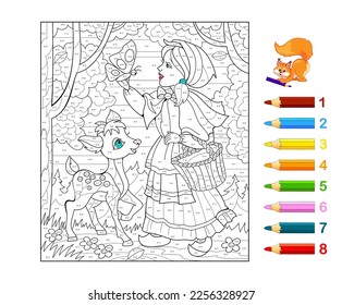 Math education for children. Coloring book. Mathematical exercises on addition and subtraction. Solve examples and paint the girl in forest. Developing counting skills. Printable worksheet for kids.