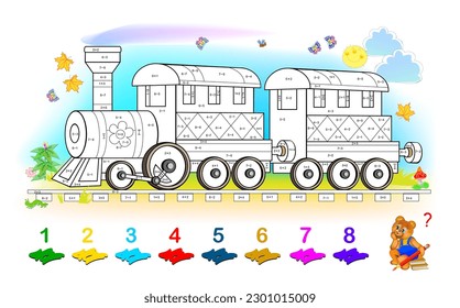 Math education for children. Coloring book. Mathematical exercises on addition and subtraction. Solve examples and paint the toy train. Developing counting skills. Printable worksheet for kids.