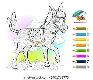 Math education for children. Coloring book. Mathematical exercises on addition and subtraction. Solve examples and paint the cute donkey. Developing counting skills. Printable worksheet for kids.
