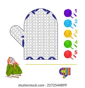 Math education for children. Coloring book. Mathematical exercises on addition and subtraction. Solve examples and paint the pattern on the mitten. Printable worksheet for kids. Vector illustration.