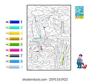 Math education for children. Coloring book. Mathematical exercises on addition and subtraction. Solve examples and paint the the seascape. Printable worksheet for kids. Vector illustration.