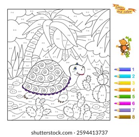 Math education for children. Coloring book. Mathematical exercises on addition and subtraction. Solve examples and paint the turtle. Printable worksheet for kids. Vector illustration.