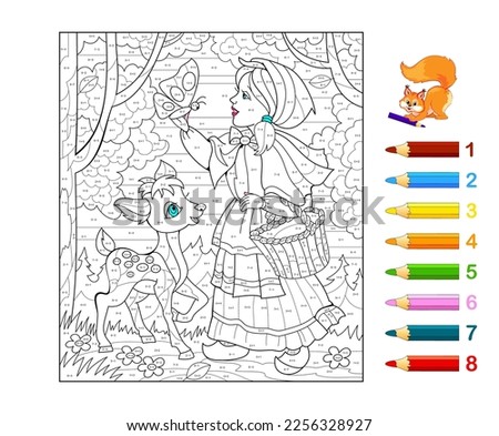 Math education for children. Coloring book. Mathematical exercises on addition and subtraction. Solve examples and paint the girl in forest. Developing counting skills. Printable worksheet for kids.