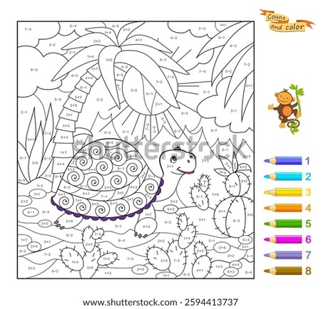 Math education for children. Coloring book. Mathematical exercises on addition and subtraction. Solve examples and paint the turtle. Printable worksheet for kids. Vector illustration.
