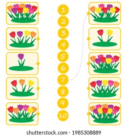 Math education for children. Count from 1 to 10. Flowers in the flowerbed. Education logic game for preschool kids. Vector Illustration