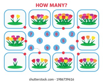 Math education for children. Count from 1 to 10. Flowers in the flowerbed. Education logic game for preschool kids. Vector Illustration