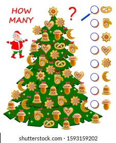 Math education for children. Count cakes quantity in Christmas tree. Write numbers in circles. Developing counting skills. Printable worksheet for kids book. Logic puzzle game. Vector cartoon image.