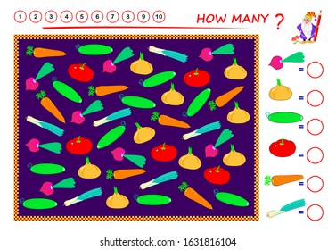 Math education for children. Count quantity of vegetables and write numbers in circles. Developing counting skills. Printable worksheet for kids textbook. Logic puzzle game. Flat vector image.
