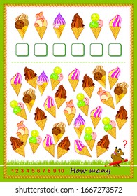 Math education for children. Count quantity of ice creams and write numbers. Developing counting skills. Printable worksheet for kids textbook. Logic puzzle game. IQ test. Flat vector cartoon image.