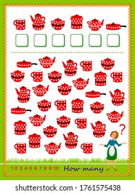 Math education for children. Count quantity of dishes and write numbers. Development counting skills. Page for kids textbook. Logic puzzle game. Task of attentiveness. Flat vector illustration.
