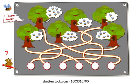 Math education for children. Count the quantity of bees in each hollow and write numbers in circles. IQ test. Logic puzzle game with labyrinth. Printable worksheet for kids school textbook.